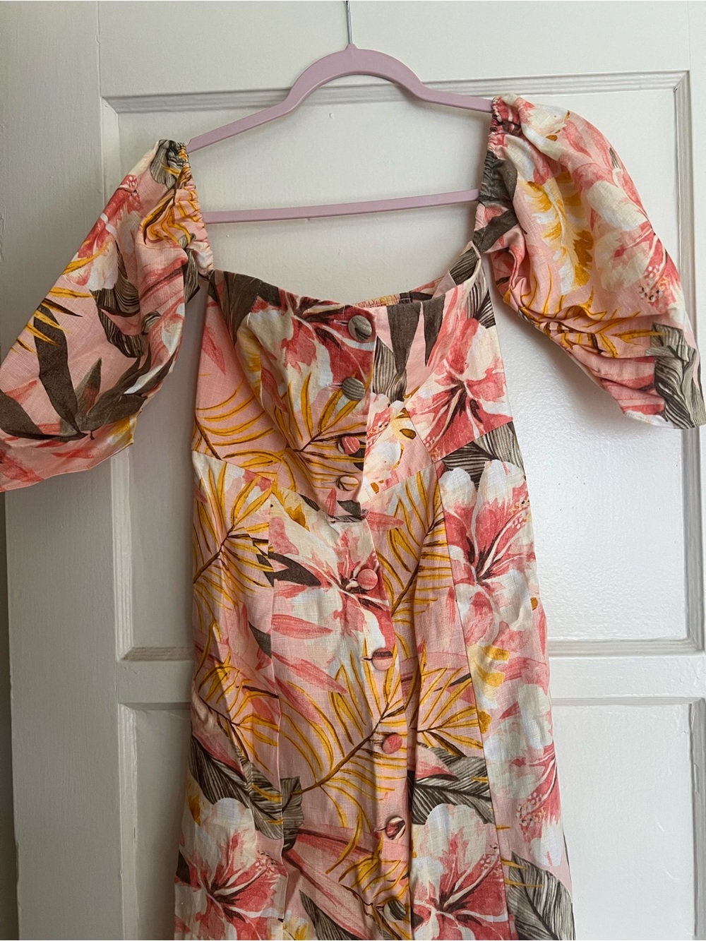 Joie Floral Puff Sleeve Button-Front Dress in Pink & Yellow